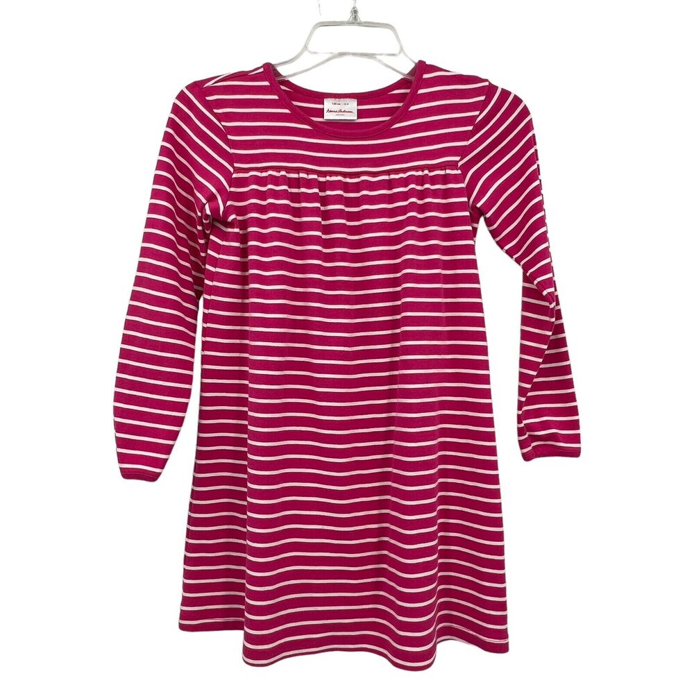 Hanna Andersson Girls 130 US 8 Pink‎ White Striped Long Sleeve Cotton Dress